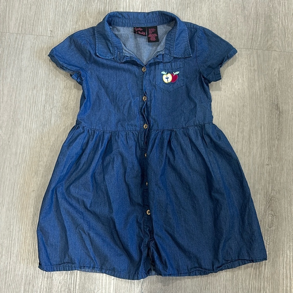 Cynthia Rowley chambray button up dress with embroidered apple on chest pocket